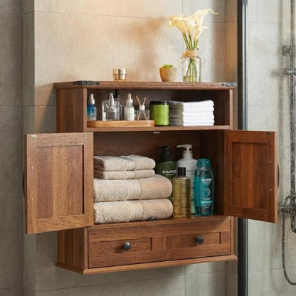 Bathroom Cabinet with Double Barn Doors – Wall Mounted Medicine Cabinet over Toilet with Adjustable Shelf & Drawer, 25" Wide Hangging Storage Cabinet for Bathroom, Kitchen, Laundry, Entryway Brown - color: Brown