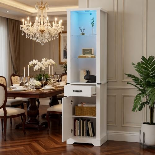 Pantry Cabinet, Storage Cabinet, White Bathroom Cabinet with LED Lights, 75 Inch Tall Linen Tower with Barn Door, Drawer and Adjustable Shelves