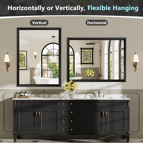 40x30 Inch Black Bathroom Mirror for Wall, Beveled Framed Rectangle Bathroom Vanity Mirrors for Over Sink, Bedroom, Living Room, Entryway, Anti-Rust, HD Tempered Glass, Horizontally/Vertically - size: 40"L x 30"W
