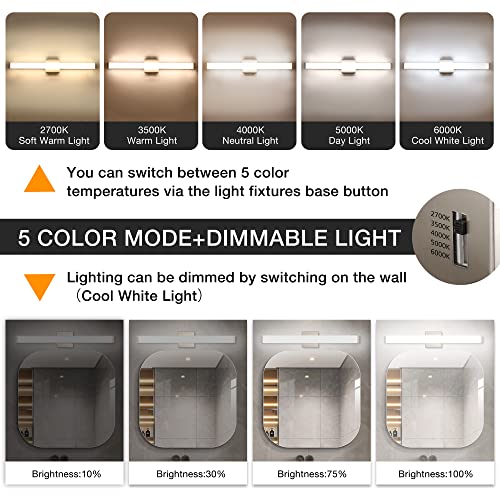 Bathroom Vanity Light Brushed Nickel Square LED 24 inch 14W 4000K Natural White Light Wall Bar Lighting Fixtures Over Mirror (Brushed Nickel, 33.5 inch 5CCTDimmable) - color: Brushed Nickel, size: 33.5 inch 5CCTDimmable