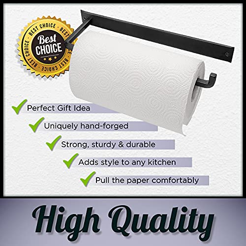 Wrought Iron Paper Towel Holder - Wall Mount Paper Towel Rack for Kitchen, Rustic Wall Mount Holder for Farmhouse Style Homes & Vintage Houses, Black, 13.7 x 4.5 x 1.5 Inches