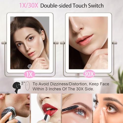 FASCINATE 8.7" 5000mAh Rechargeable Wall Mounted Makeup Mirror (Nickel) | Bathroom Mirror Rectangle Double Sided Touch Switch 1X 30X Magnifying, 3 Color Setting, Extended Arm 360° Swivel Foldable - color: Nickel a