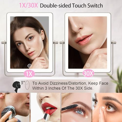 FASCINATE 8.7" 5000mAh Rechargeable Wall Mounted Makeup Mirror (Nickel) | Bathroom Mirror Rectangle Double Sided Touch Switch 1X 30X Magnifying, 3 Color Setting, Extended Arm 360° Swivel Foldable - color: Nickel a