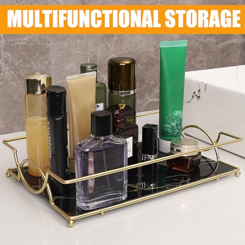 Large Bathroom Vanity Tray Black Gold Glass Counter Organizer | 12.6” Glass Handled Tray with Metal Frame, for Perfume, Skincare, Kitchen Counter, Coffee Bar, Entryway & Vanity - color: Black Gold-large