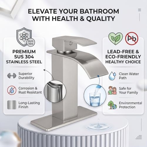 VOTON Waterfall Bathroom Faucet, Brushed Nickel 1-Hole with Deck & Drain | | SUS304 Stainless Steel | Rust-Resistant | Waterfall Flow - color: Brushed Nickel, size: Short