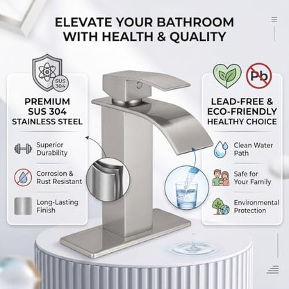 VOTON Waterfall Bathroom Faucet, Brushed Nickel 1-Hole with Deck & Drain | | SUS304 Stainless Steel | Rust-Resistant | Waterfall Flow - color: Brushed Nickel, size: Short
