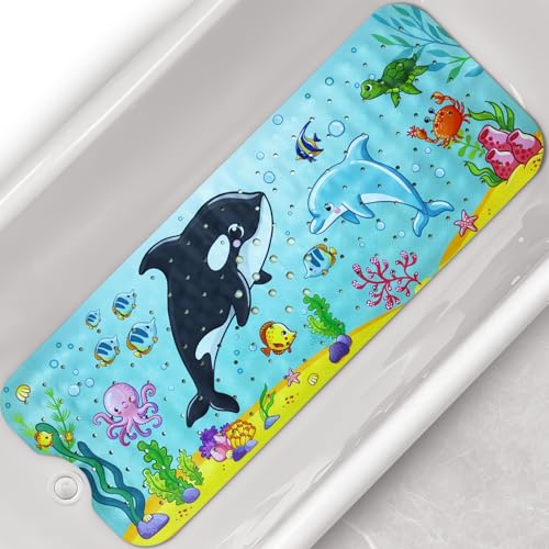 Baby Bath Tub Mat, 40 x 16 Inch Extra Large Non Slip Kids Cartoon Bathtub Shower Mats with Suction Cups & Drain Holes, Machine Washable for Bathroom, Undersea Whale & Dolphin - color: Undersea-whale
