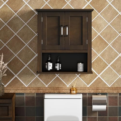 ChooChoo Wood Bathroom Wall Cabinet with Doors, Walnut Medicine Cabinet | Rustic Over The Toilet Storage Cabinet, Adjustable Shelf, Open & Concealed Storage, 7.5 x 21.6 x 24 Inches - color: Walnut