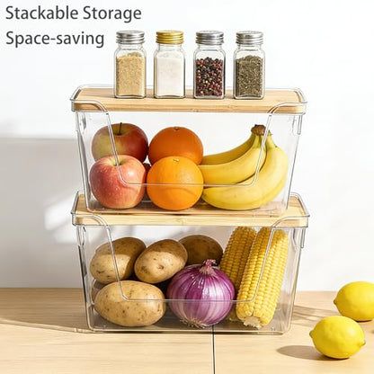 2 Set Potato And Onion Storage Bins with Bamboo Lid, Clear | Stackable Pantry Organizers And Storage, Front Open Fruit And Vegetable Storage, Kitchen Counter Storage, Fruit Basket - size: 2 Pack