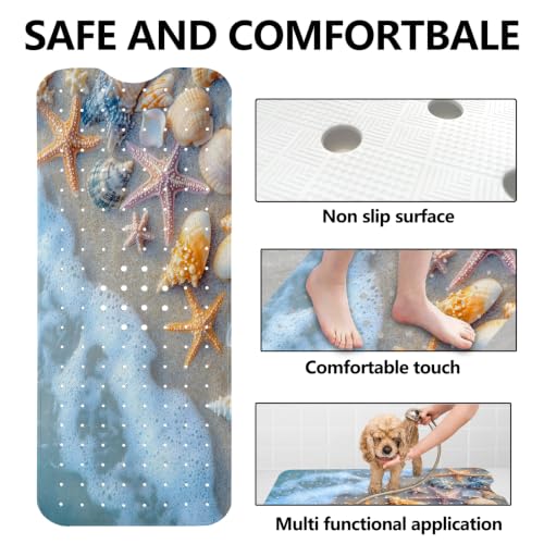 LNOND Summer Beach Bathtub Mat Non Slip, 40 X 16 Inch Tub Mat for Bathroom, Beach Starfish Shell Bath Tub Shower Mat with Drain Holes and Suction Cups - color: Beach Starfish Shell Bathtub Mat