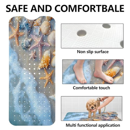 LNOND Summer Beach Bathtub Mat Non Slip, 40 X 16 Inch Tub Mat for Bathroom, Beach Starfish Shell Bath Tub Shower Mat with Drain Holes and Suction Cups - color: Beach Starfish Shell Bathtub Mat