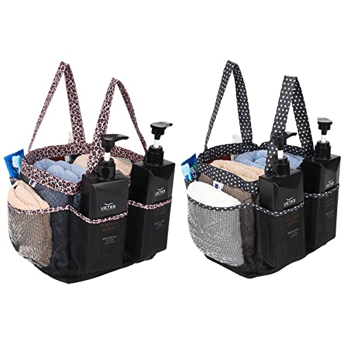 2 Pack Haundry Mesh Shower Caddy Tote Bag Hanging Portable Toiletry Bag College Dorm Essentials Quick Dry Bath Organizer for College Dorms, Gym, Camp for Bathroom Accessories(Leopard print) - color: Leopard print + Polka dots