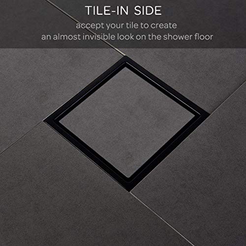 304 Stainless Steel Square Shower Floor Drain with Tile Insert Grate Removable Cover 6 inch Long, Matte Black Plated Finished