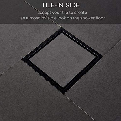 304 Stainless Steel Square Shower Floor Drain with Tile Insert Grate Removable Cover 6 inch Long, Matte Black Plated Finished