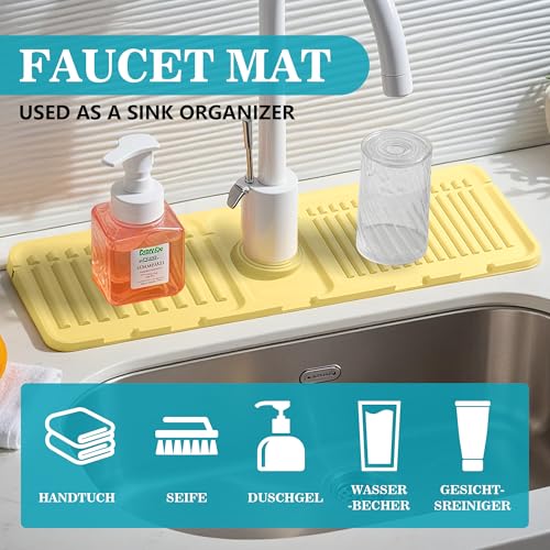 Faucet Mat for Kitchen Sink, Silicone Faucet Handle Drip Catcher Tray Mat, Silicone Kitchen Sink Splash Guard, Ideal Protective Tray for Stone Sinks in Kitchen & Bathroom - color: Yellow