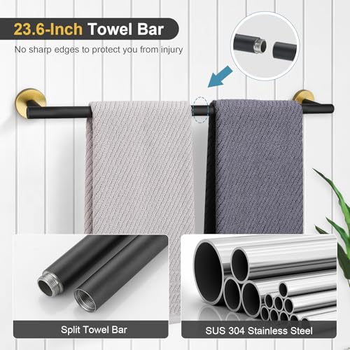 TQKAG Black and Gold Bathroom Hardware Set 6-Piece Bathroom Accessory Set 23.6 Inch Round Stainless Steel Towel Bar Set Wall Mounted - color: Black+gold, size: 6-Pieces Set