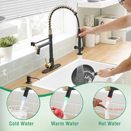 Fapully Commercial Kitchen Faucets with Pull Down Sprayer Matte Black&Gold | LED Kitchen Faucet with Soap Dispenser and Deck Plack for 4 Hole, Single Handle Faucet for Kitchen Sink - color: Black&Gold, style: Contemporary