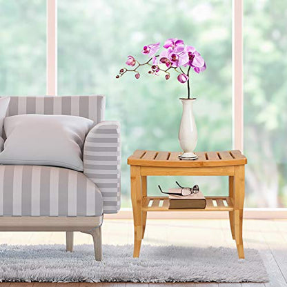 Olebes Bamboo Shower Bench Stool with Storage Shelf - Waterproof Wood Spa Bath Seat for Indoor or Outdoor Use, Wooden Bathroom Bench Chair（18.5"*10.2"*17.7"