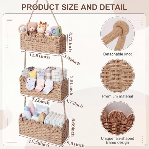 Qunclay Over The Door Hanging Basket 3-tier Decorative Hanging Nursery Baskets Large Baby Diaper Caddy Wall Mounted Woven Organizer for Home Bedroom Living Room Baby Shower Gifts