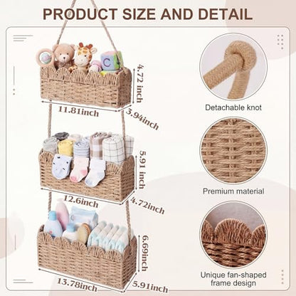 Qunclay Over The Door Hanging Basket 3-tier Decorative Hanging Nursery Baskets Large Baby Diaper Caddy Wall Mounted Woven Organizer for Home Bedroom Living Room Baby Shower Gifts