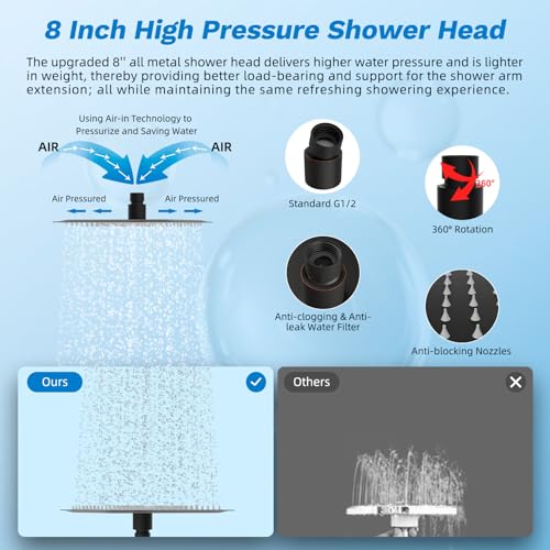 Hibbent High Pressue All Metal 8" Rainfall Shower Head, Handheld 10-Spray | cUPC Certified Oil-Rubbed Bronze Dual Showerhead Combo, 4-way Diverter with Pause Mode, Extension Arm, 71'' Hose & Holder - color: Oil Rubbed Bronze, style: Square 8"