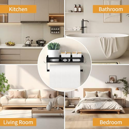 Wall Mount Paper Towel Holder with Shelf, Self Adhesive or Drill, Black | Easy One-handed Operation Design, Metal Hand Paper Towel Holder for bathroom, Kitchen, RV Paper Roll Holder Rack with 2 Hooks - color: Black