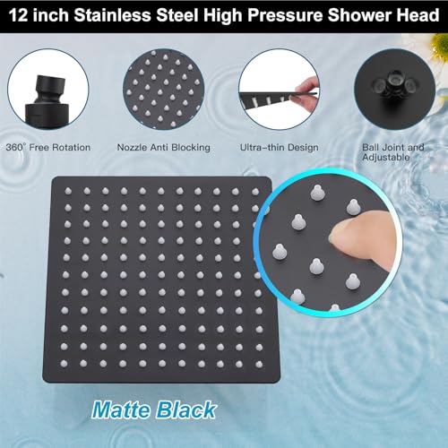 Midanya Shower Faucet Set with Handheld Sprayer,12 Inch,Matte Black | Rough-in Shower Valve and Trim Kit Included,Square Rain Head,Wall Mount Shower System,All Metal,Bathroom - color: Black, size: 12 Inch