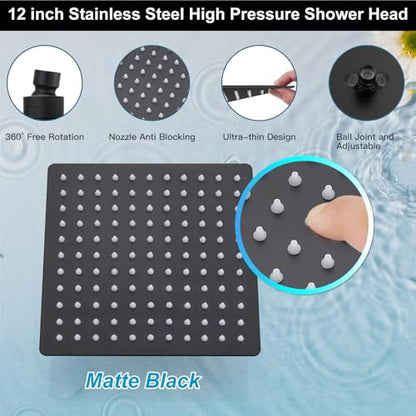 Midanya Shower Faucet Set with Handheld Sprayer,12 Inch,Matte Black | Rough-in Shower Valve and Trim Kit Included,Square Rain Head,Wall Mount Shower System,All Metal,Bathroom - color: Black, size: 12 Inch