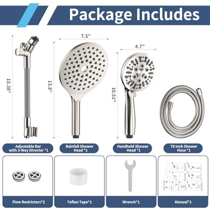 High Pressure Dual Shower Head with Handheld Spray Combo | 9 Spray Modes Handheld Showerhead, Double Rainfall Structure, Waterfall Shower Equipped with 79-Inch Hose, Brushed Nickel - color: Brushed Nickel
