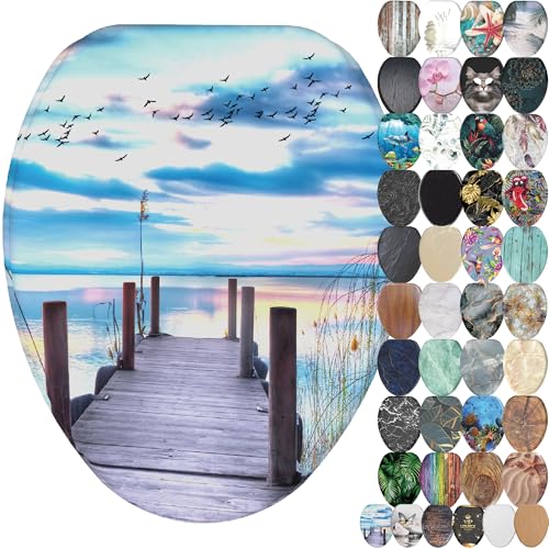 SANILO Wooden Toilet Seat with Soft Close [ELONGATED] - Decorative, Quiet & Slow Close Molded Wood Seat - With Strong Bumpers & Hinges - Adjustable Fit - Sunset - color: Sunset