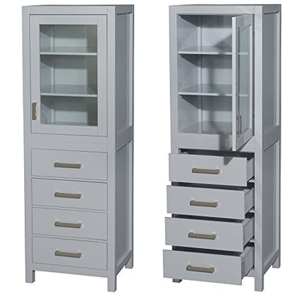 Wyndham Collection Sheffield 24 inch Linen Tower in Gray with Shelved Cabinet Storage and 4 Drawers - color: Gray With Brushed Chrome Trim
