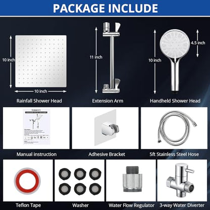 Shower Head, 10 Inch High Pressure Rainfall Shower Head/Handheld Shower Combo with 11 Inch Extension Arm, 9 Settings Adjustable Anti-leak Shower Head with Holder/Hose, Height/Angle Adjustable