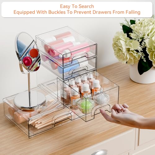 4 Pack Clear Stackable Storage Drawers,Acrylic Drawer Organizer for Medicine,Palettes,Hair Accessories and Makeup Organizer,Plastic Drawers for Cabinet,Office,Desk,Bathroom Storage Containers - style: 4 PACK
