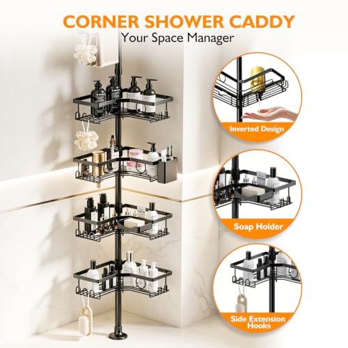 Black Corner Shower Caddy Tension Pole 4-Tier shower organizer | Adjustable 23-122 Inch Shower organizer;No Drill; Large Shampoo Shower Organizer; Corner Shower Caddy