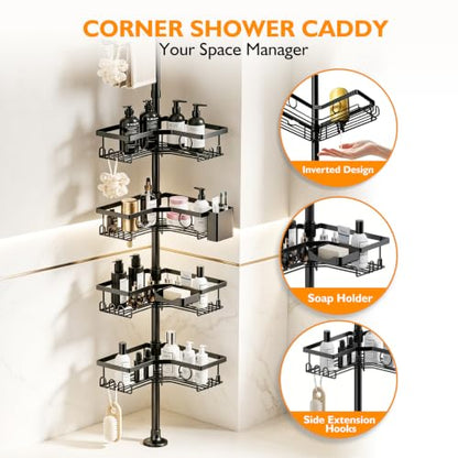 Black Corner Shower Caddy Tension Pole 4-Tier shower organizer | Adjustable 23-122 Inch Shower organizer;No Drill; Large Shampoo Shower Organizer; Corner Shower Caddy