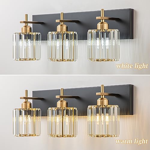 Modern Crystal Bathroom Vanity Lights, 3-Lights Black Gold Bathroom Light Fixtures Over Mirror, Crystal Vanity Light with Polished Gold Finish(Exclude Bulb) - color: Black Gold-Round Shade, size: 3-Light