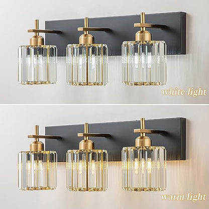 Modern Crystal Bathroom Vanity Lights, 3-Lights Black Gold Bathroom Light Fixtures Over Mirror, Crystal Vanity Light with Polished Gold Finish(Exclude Bulb) - color: Black Gold-Round Shade, size: 3-Light