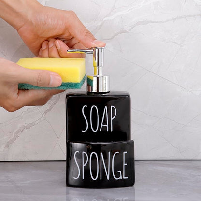 Ceramic Soap Dispenser with Sponge Holder - 2-in-1 Countertop Soap Pump Dispenser for Sink, Useful Kitchen Gadget - Black - color: Black