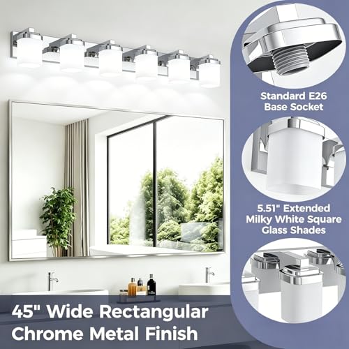 45 Inches Bathroom Vanity Light, 6-Light Chrome Bathroom Light Fixtures Over Mirror, Bathroom Light Shower Lamp with Milky White Square Glass Shade, Modern Farmhouse Lighting Fixtures - color: Chrome, size: 45 Inch : 6-lights