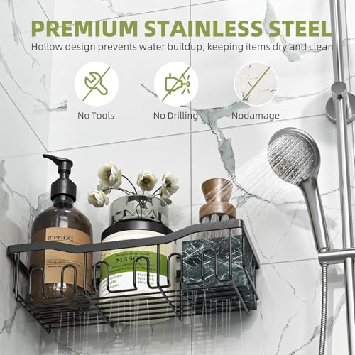 Simple Trending Shower Caddy, 5 Pack Rustproof Stainless Steel Shower Shelves, No Drilling Bathroom Organizer Adhesive with Large Capacity, Black Metal Storage Basket