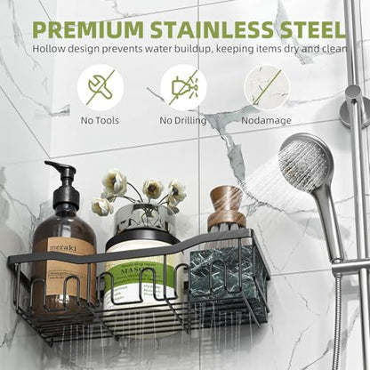 Simple Trending Shower Caddy, 5 Pack Rustproof Stainless Steel Shower Shelves, No Drilling Bathroom Organizer Adhesive with Large Capacity, Black Metal Storage Basket