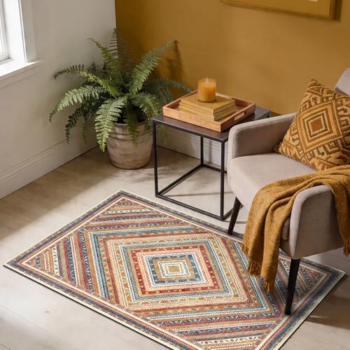 Keen Home Design Vintage Washable Entryway Rug, Non-Slip Low Pile, 2x3 | Machine washable cotton chenille, 0.25in low pile, rubber non-slip back; kitchen, entryway, bathroom, bedside - color: Cream / Multicolor, size: 2' x 3' (Rectangular)