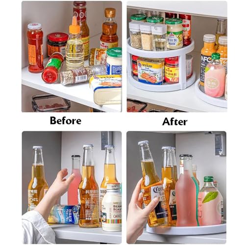 2 Tier Non Skid Spice Rack Turntable, 10 Inch Spinning Organizer, Non Skid Lazy Susan Turntable, 360° Rotating Seasoning Organizer for Kitchen, Pantry Cabinet, Refrigerator, Bathroom, Gray & White