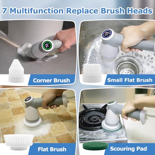 DAESUNG Electric Spin Scrubber, Electric Bathroom Brush with 7 Replaceable Heads, Power Scrubber with LED Display, Electric Scrubbers for Cleaning Shower, Tile, Grout, Sink - color: A-white