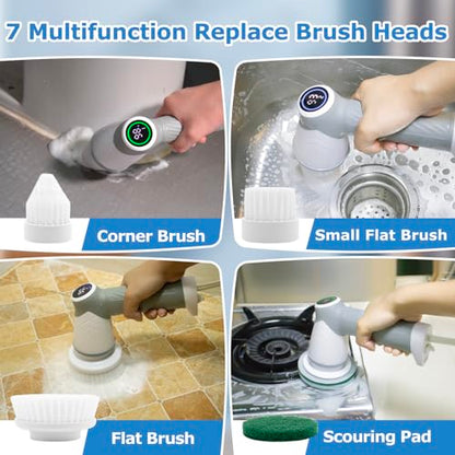 DAESUNG Electric Spin Scrubber, Electric Bathroom Brush with 7 Replaceable Heads, Power Scrubber with LED Display, Electric Scrubbers for Cleaning Shower, Tile, Grout, Sink - color: A-white