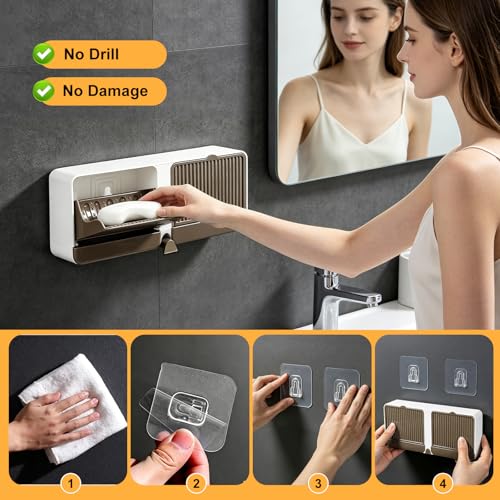 Strong Adhesive Hook Wall-Mounted Soap Dish Holder, 2-Layer Draining Tray with Removable Container, Keeps Soap Dry for Bathroom, Shower, Sink, Kitchen- Space Saver (1-Pack Khaki-Dual Compartment) - color: 1-pk Khaki-dual Compartment