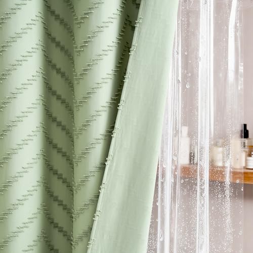 Stall Shower Curtain and Liner Set - 36 x 72 inch Half Boho Shower Curtain and Waterproof Clear Liner, Tufted Chevron Striped Tassel Shower Curtains for Bathroom, 6 Hooks, 36x72, Sage Green - color: Sage Green, size: 36"W x 72"L (Pack of 1)