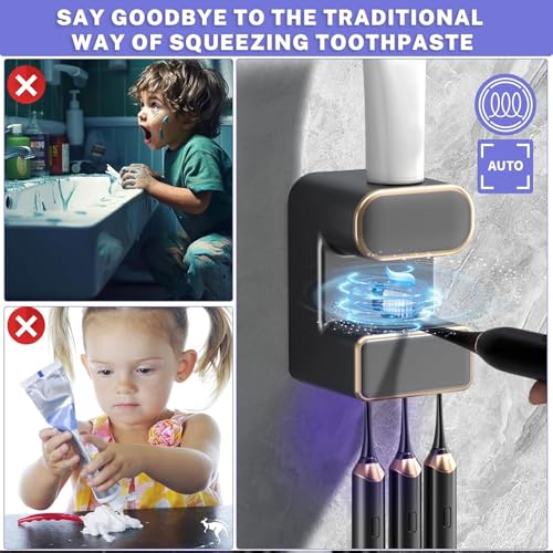 Automatic Toothpaste Dispenser,Wall Mounted Electric Toothpaste Dispenser with 3 Toothpaste Slots,Toothpaste Dispenser for Kids and Adults (Black)