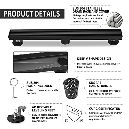 Linear Shower Drain 24 Inch, 304 Stainless Steel Black Rectangular Shower Drain, 51L/Min Fast Drainage Floor Linear Drain, US Standard CUPC Certified, Matte Black, SD-108-24B - color: Matte Black, size: 24 Inch