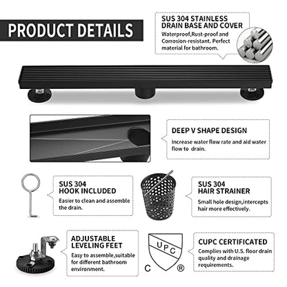 Linear Shower Drain 32 Inch, 304 Stainless Steel Black Rectangular Shower Drain, 51L/Min Fast Drainage Floor Linear Drain, US Standard CUPC Certified, Matte Black, SD-108-32B - color: Matte Black, size: 32 Inch